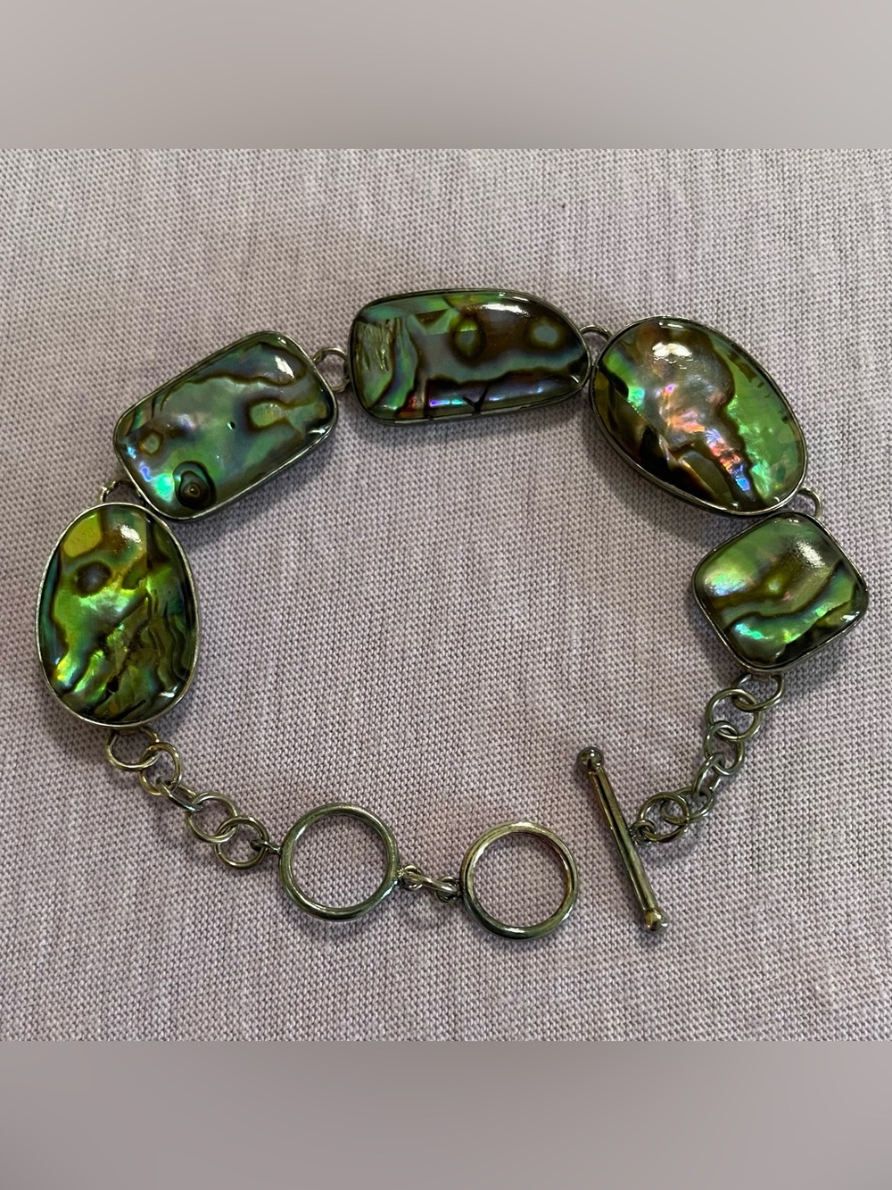 Vintage Signed Lucas Lameth Sterling Silver Abalone Shell Toggle Bracelet, 7-8”